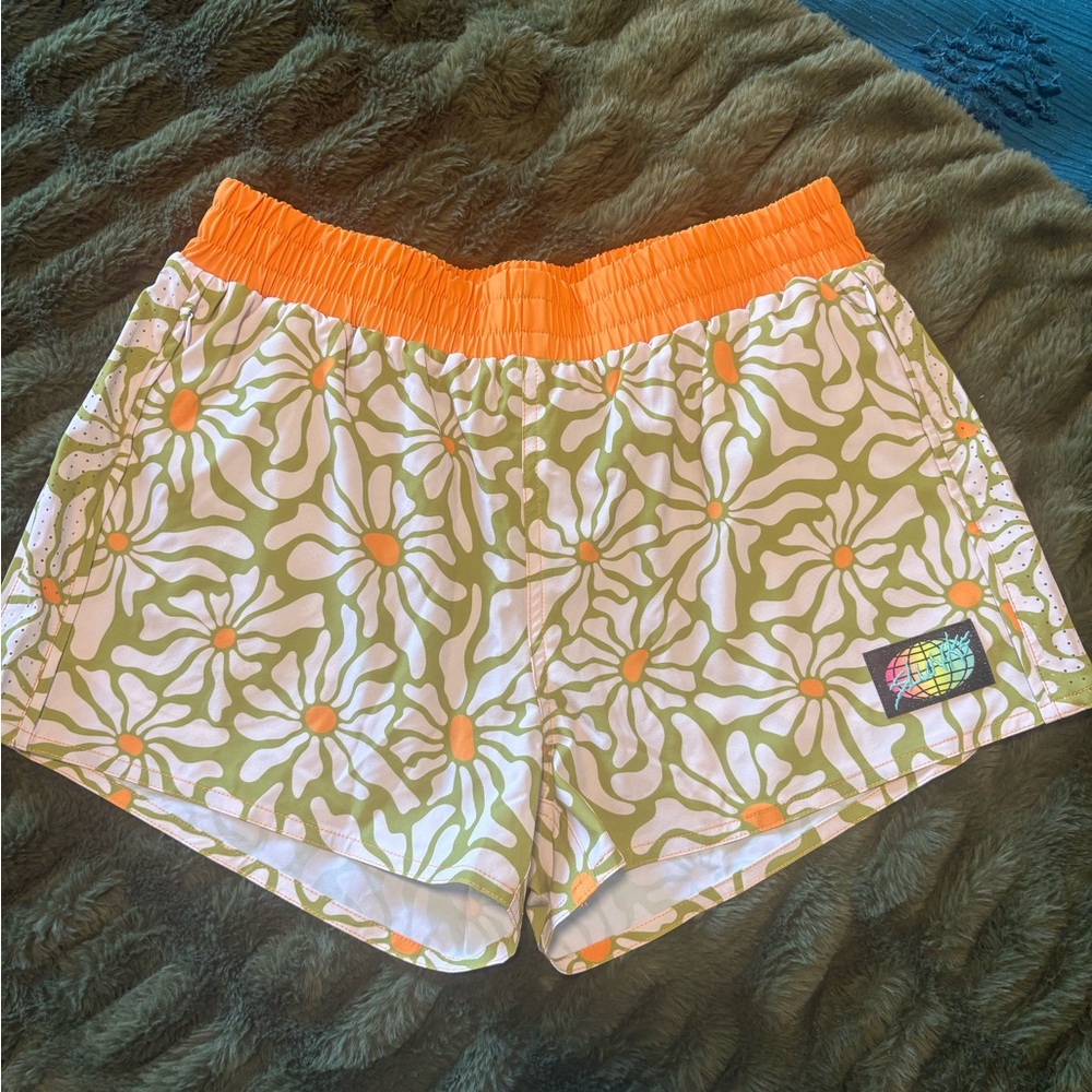 Women’s Orange Floral Elastic Waist Shorts